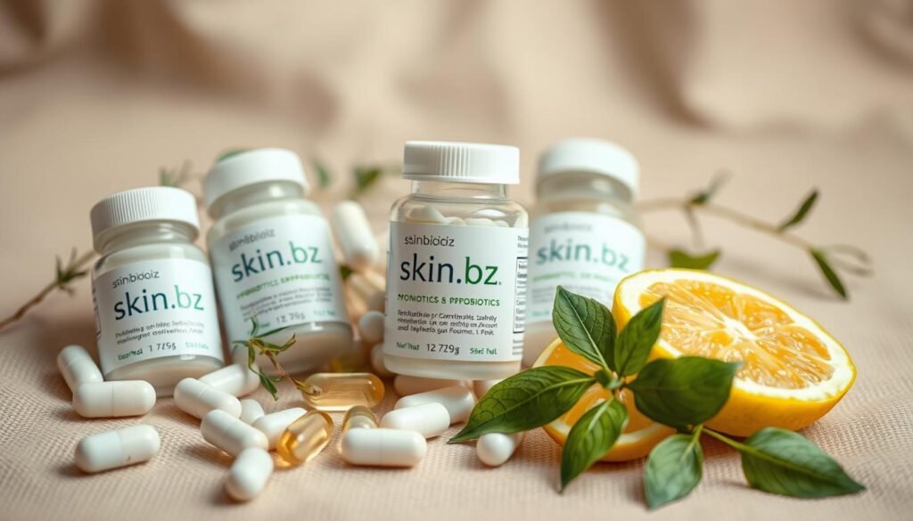 A close-up of assorted probiotic capsules and tablets arranged on a natural-toned background, with a sprig of fresh herb and a slice of lemon as accents. The lighting is soft and diffused, creating a warm, inviting atmosphere that emphasizes the natural, holistic nature of the scene. The focal point is the "skin.bz" branded probiotics, showcasing their purity and efficacy for promoting skin health through the gut-skin axis. The composition is balanced and visually appealing, drawing the viewer's attention to the key elements that illustrate the concept of probiotics for radiant skin. A close-up of assorted probiotic capsules and tablets arranged on a natural-toned background, with a sprig of fresh herb and a slice of lemon as accents. The lighting is soft and diffused, creating a warm, inviting atmosphere that emphasizes the natural, holistic nature of the scene. The focal point is the "skin.bz" branded probiotics, showcasing their purity and efficacy for promoting skin health through the gut-skin axis. The composition is balanced and visually appealing, drawing the viewer's attention to the key elements that illustrate the concept of probiotics for radiant skin.