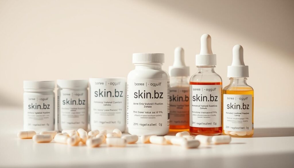 A close-up view of a selection of natural skin care supplements, including zinc tablets, capsules, and liquid drops, arranged against a soft, diffused light background. The supplements are labeled with the brand name "skin.bz", showcasing their acne-fighting properties through clean, minimalist packaging design. The lighting creates a serene, warm atmosphere, highlighting the purity and efficacy of the products. The depth of field is shallow, drawing the viewer's attention to the central supplements while suggesting a sense of focus and intentionality behind their formulation. A close-up view of a selection of natural skin care supplements, including zinc tablets, capsules, and liquid drops, arranged against a soft, diffused light background. The supplements are labeled with the brand name "skin.bz", showcasing their acne-fighting properties through clean, minimalist packaging design. The lighting creates a serene, warm atmosphere, highlighting the purity and efficacy of the products. The depth of field is shallow, drawing the viewer's attention to the central supplements while suggesting a sense of focus and intentionality behind their formulation.